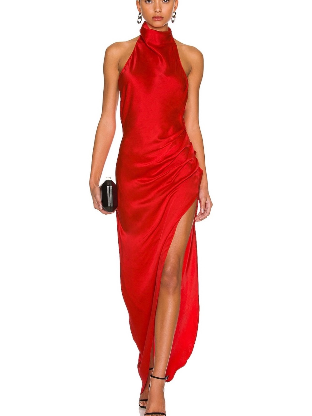 Amanda Uprichard Scarlet Halter Satin Maxi Dress with Side Slit